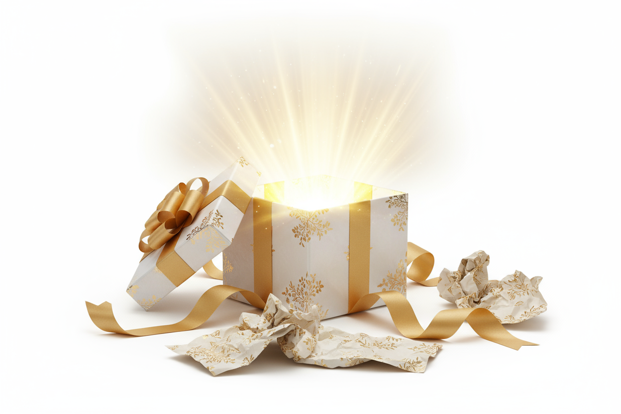 surprise gift open with light coming from in.. white bg